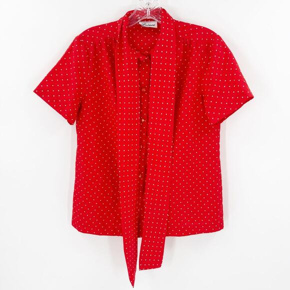Vintage Lainee 70s Red Polka Dot Tie Neck Button Up Blouse Women's Size 8 - Picture 1 of 9